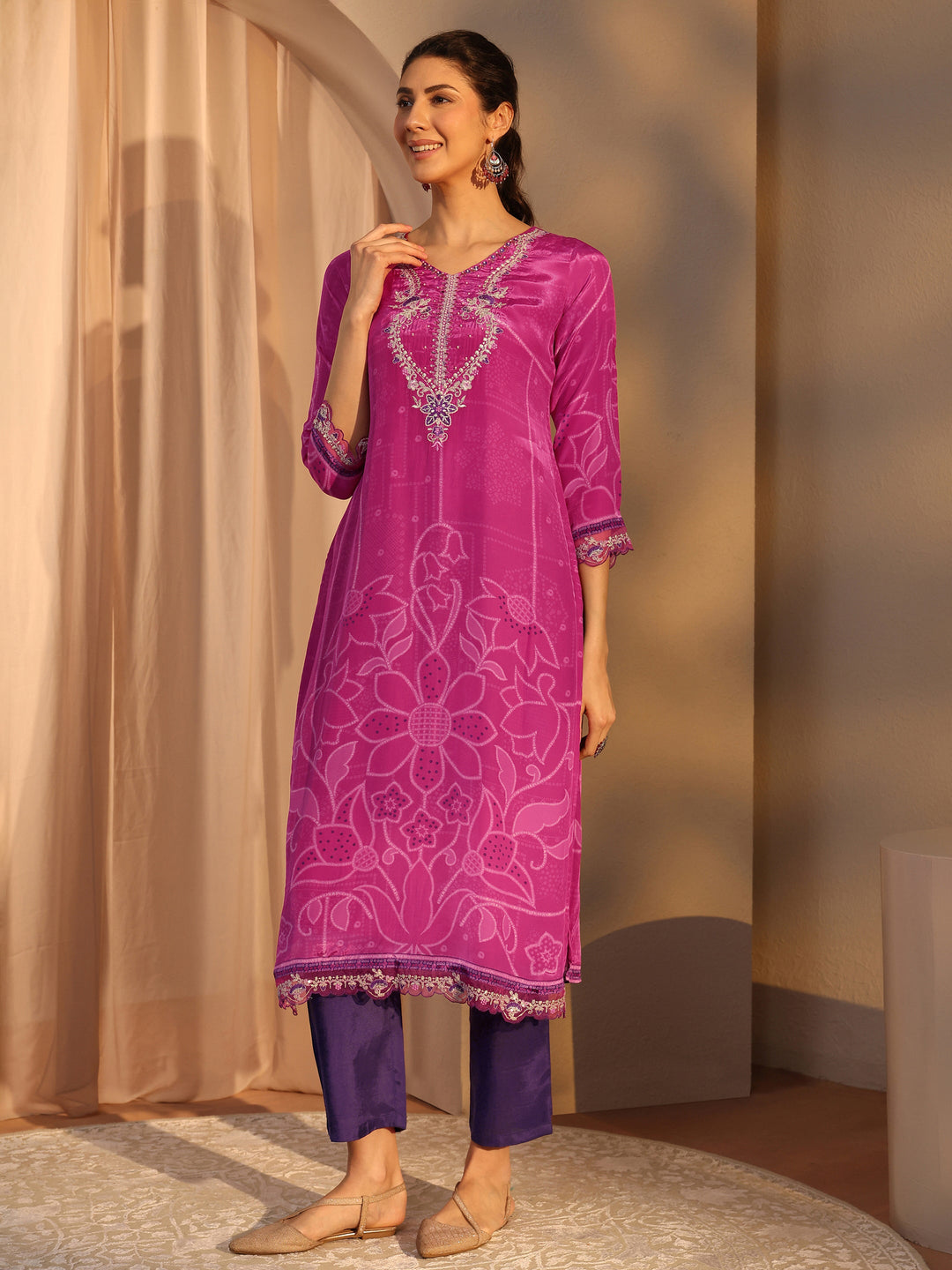 Pink Floral Printed Crepe Straight Suit Set With Dupatta