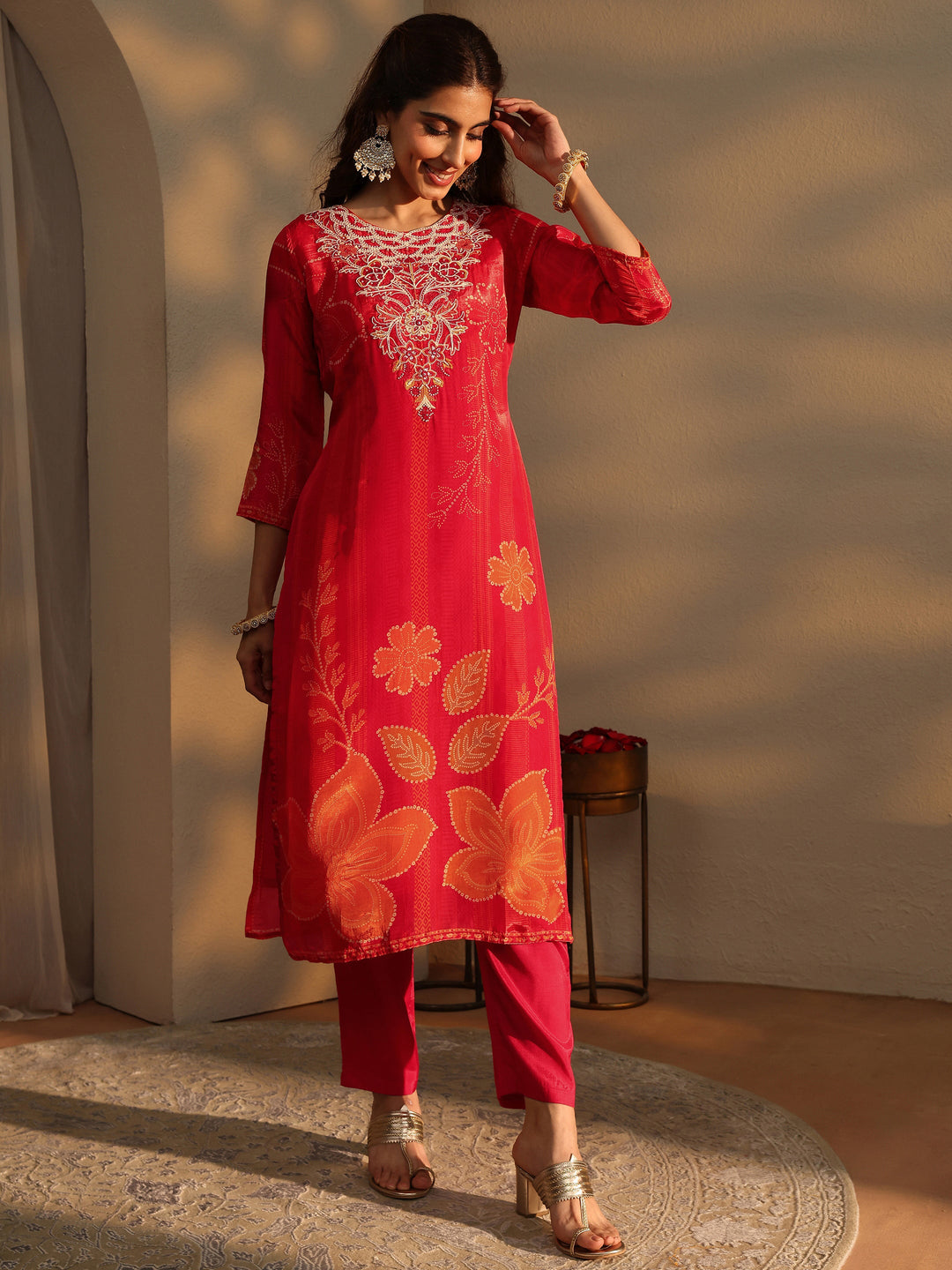 Orange Floral Printed Silk Crepe Straight Suit Set With Dupatta