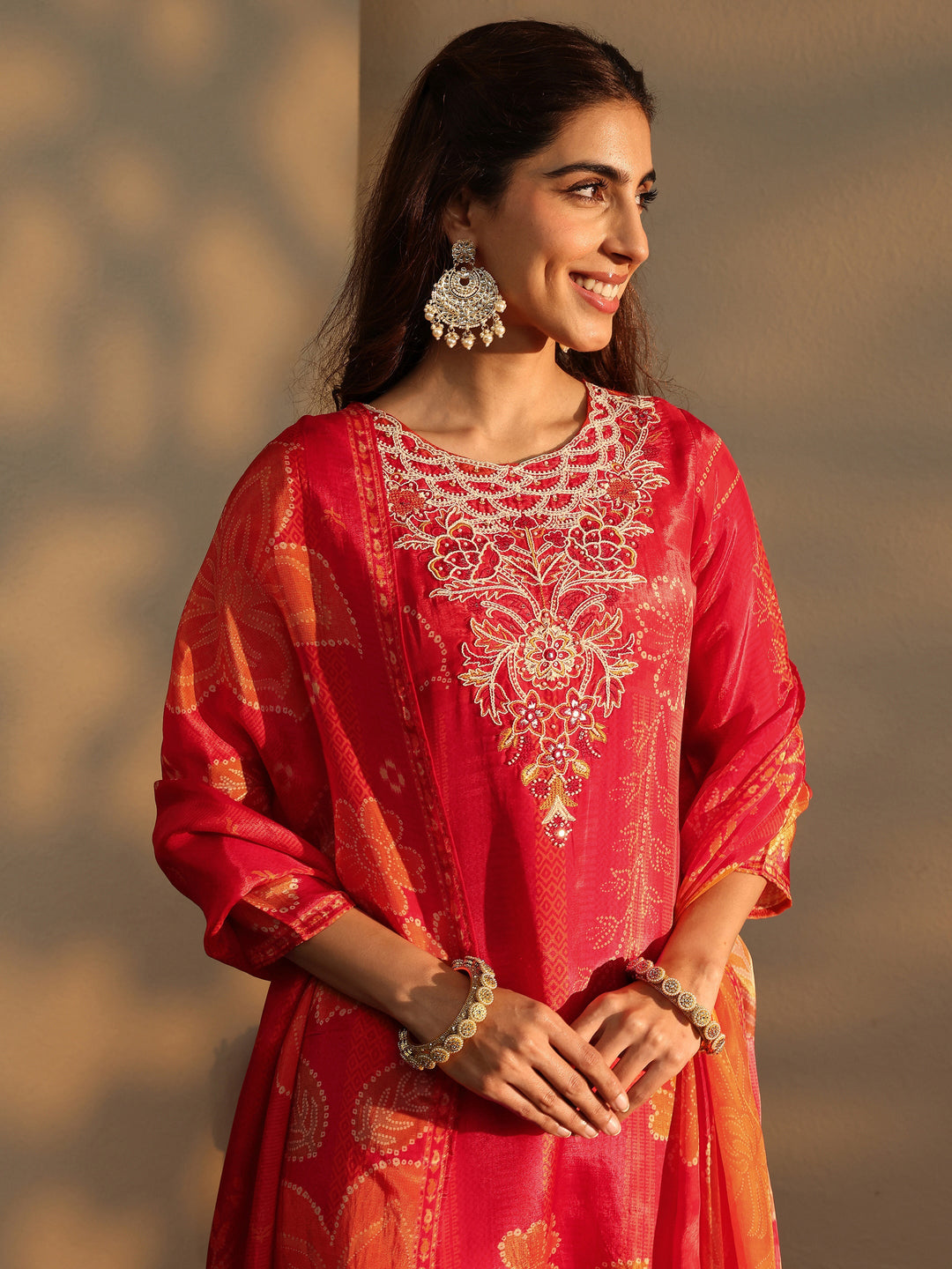 Orange Floral Printed Silk Crepe Straight Suit Set With Dupatta