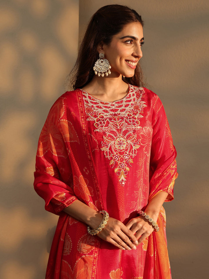 Orange Floral Printed Silk Crepe Straight Suit Set With Dupatta