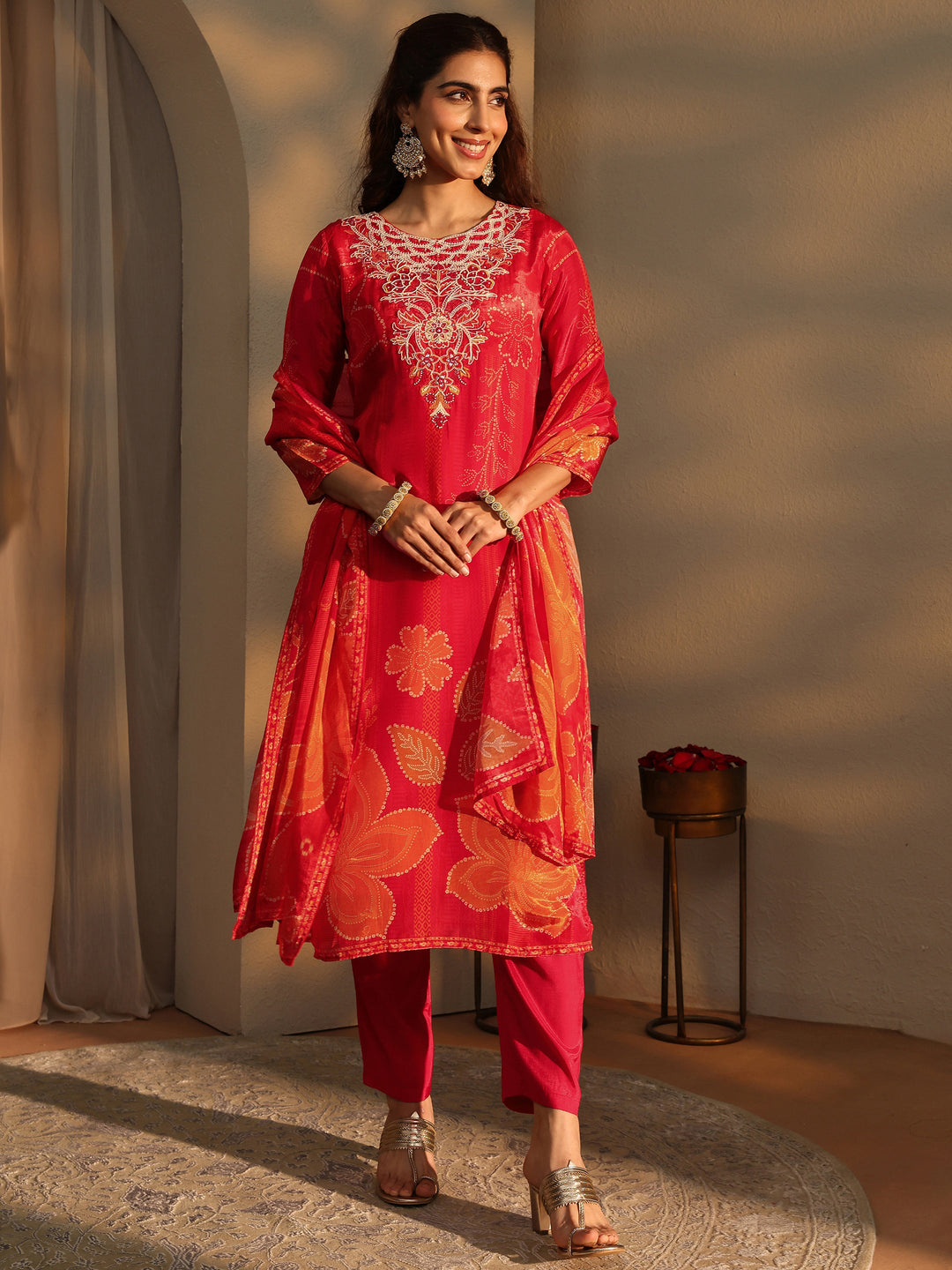 Orange Floral Printed Silk Crepe Straight Suit Set With Dupatta