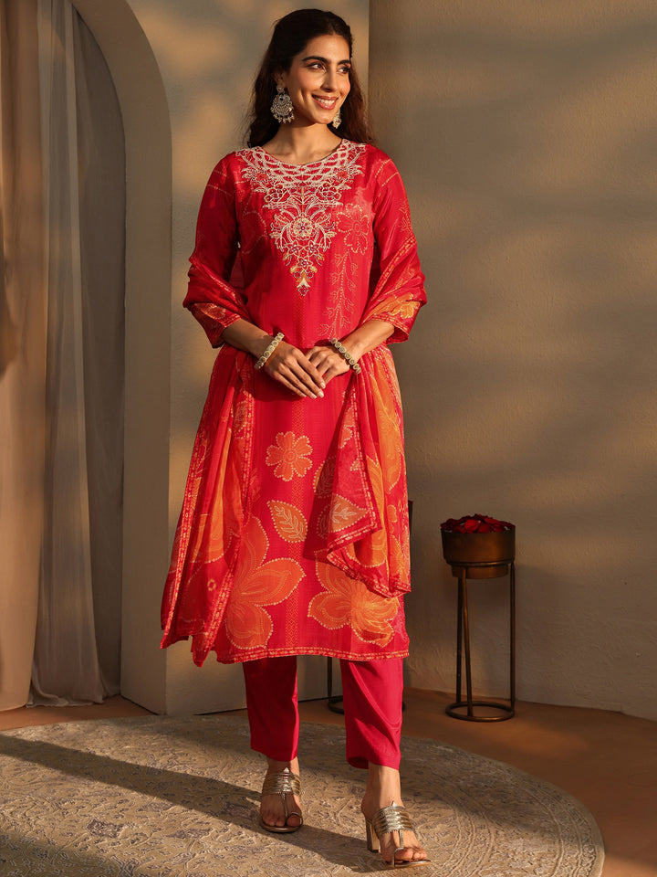 Orange Floral Printed Silk Crepe Straight Suit Set With Dupatta