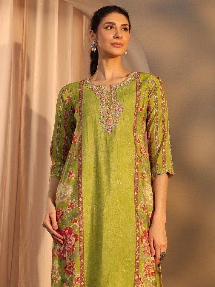 Green Floral Printed Crepe Straight Suit Set With Dupatta