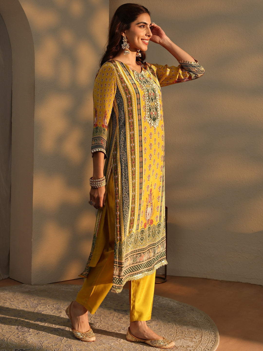 Mustard Ethnic Motifs Printed Silk Crepe Straight Suit Set With Dupatta