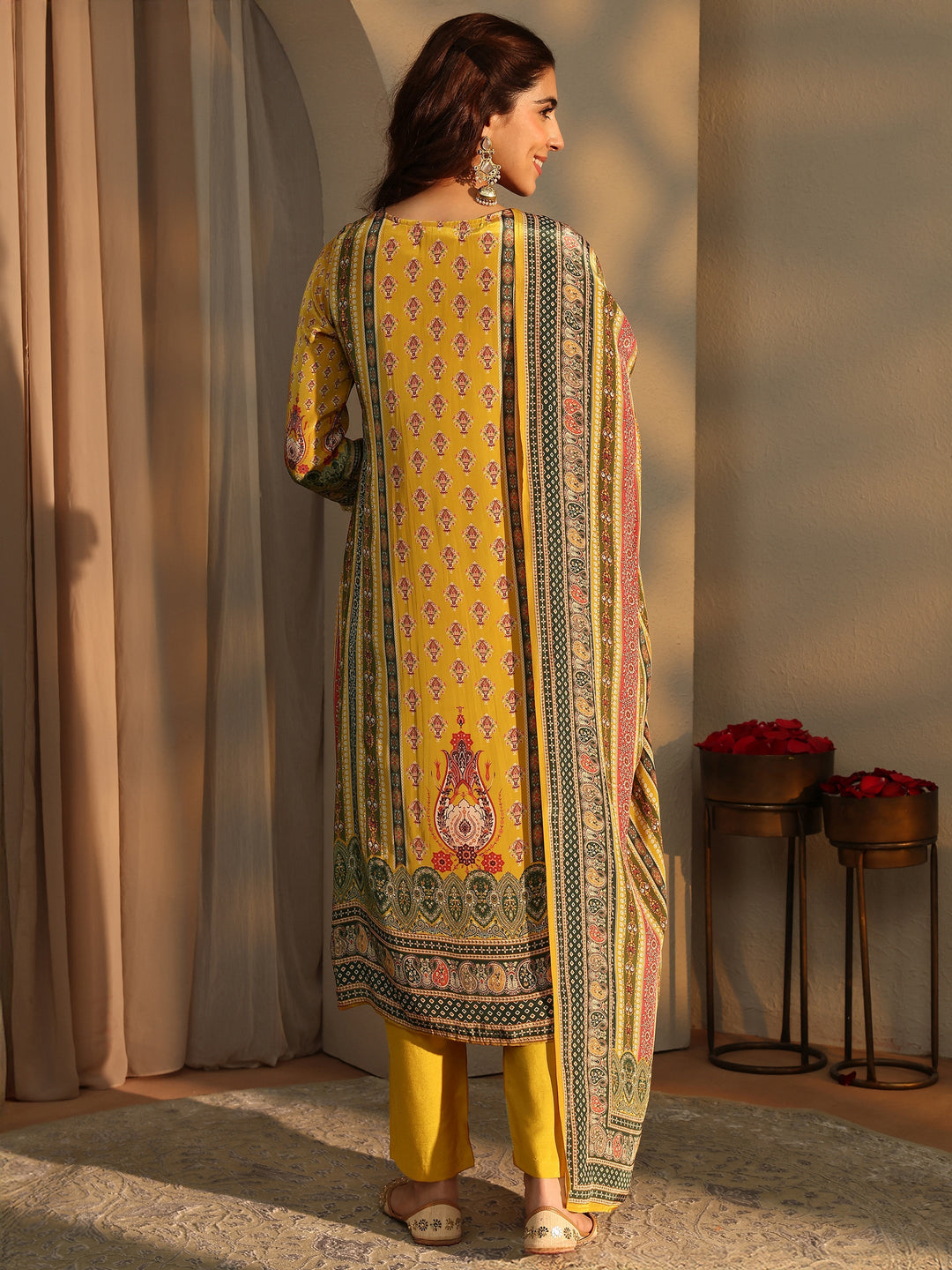 Mustard Ethnic Motifs Printed Silk Crepe Straight Suit Set With Dupatta