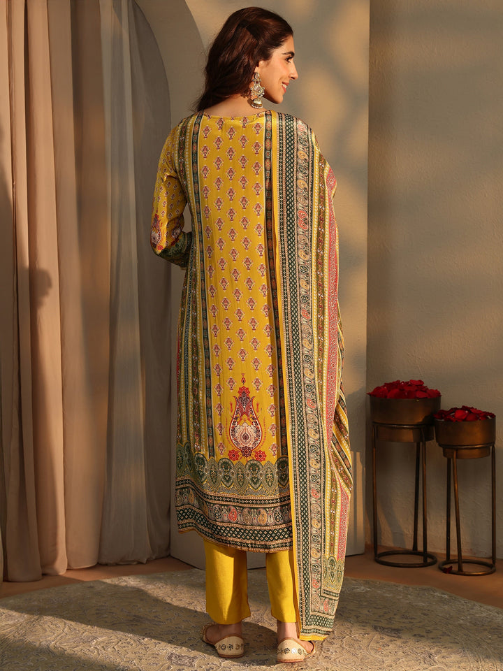 Mustard Ethnic Motifs Printed Silk Crepe Straight Suit Set With Dupatta