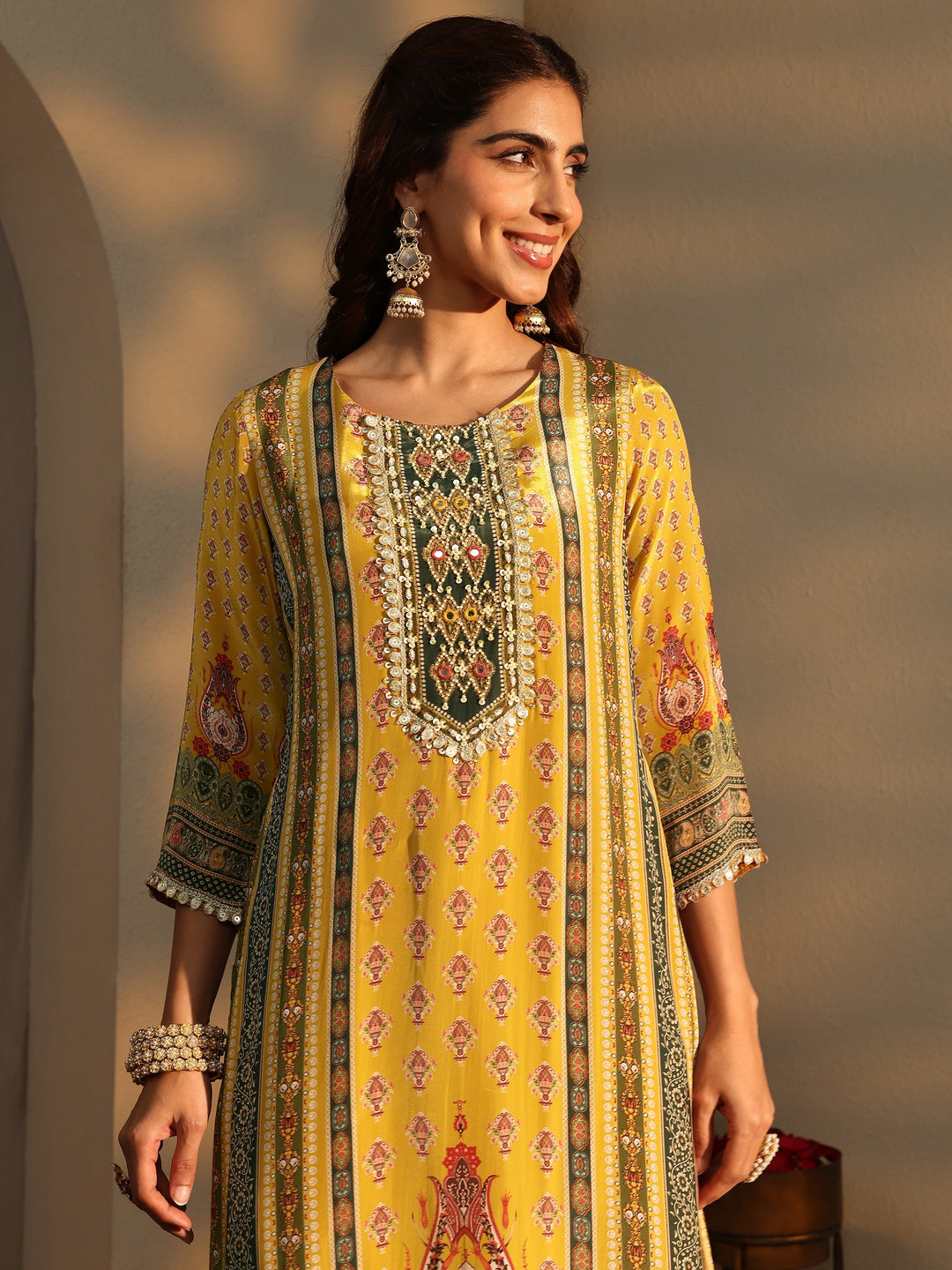 Mustard Ethnic Motifs Printed Silk Crepe Straight Suit Set With Dupatta