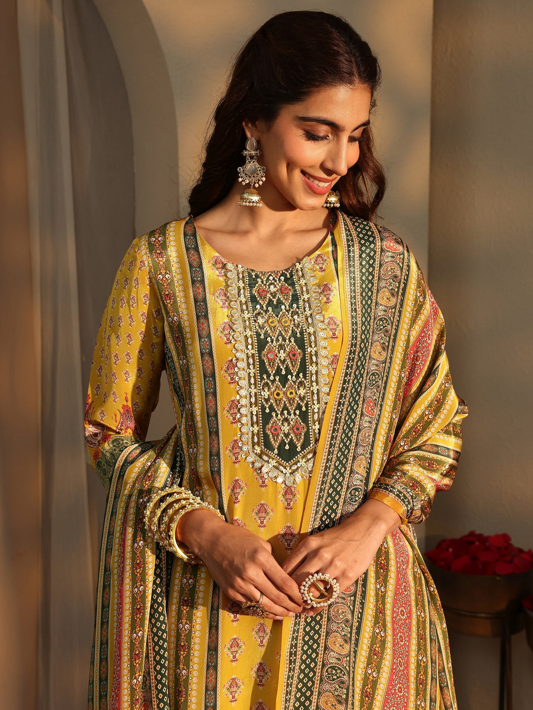 Mustard Ethnic Motifs Printed Silk Crepe Straight Suit Set With Dupatta