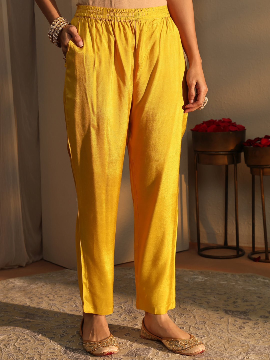 Mustard Ethnic Motifs Printed Silk Crepe Straight Suit Set With Dupatta