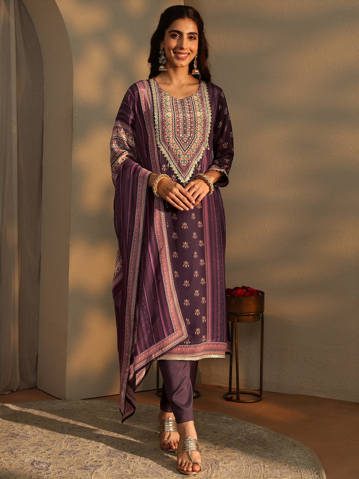 Burgundy Ethnic Motifs Printed Silk Crepe Straight Suit Set With Dupatta