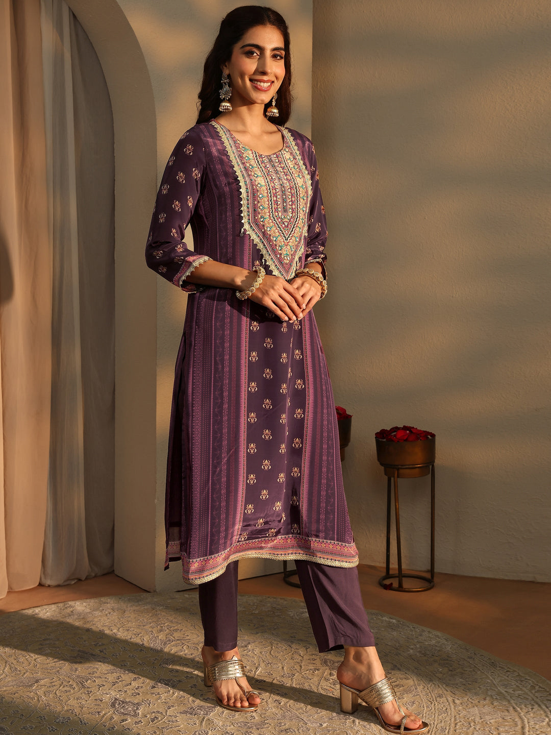 Burgundy Ethnic Motifs Printed Silk Crepe Straight Suit Set With Dupatta