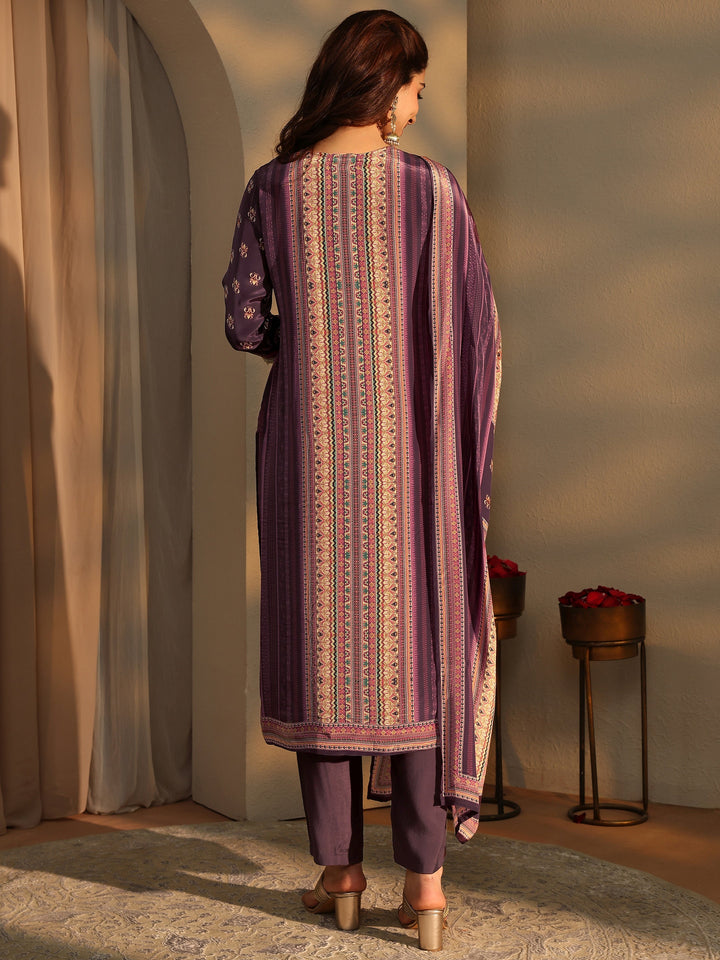Burgundy Ethnic Motifs Printed Silk Crepe Straight Suit Set With Dupatta
