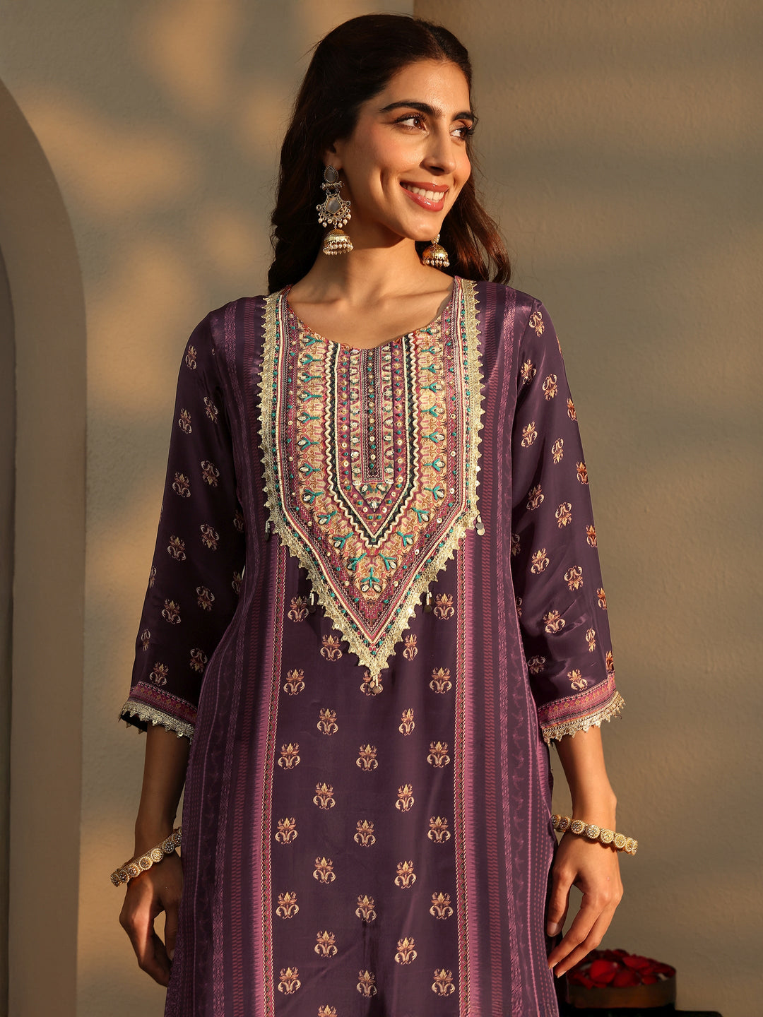 Burgundy Ethnic Motifs Printed Silk Crepe Straight Suit Set With Dupatta