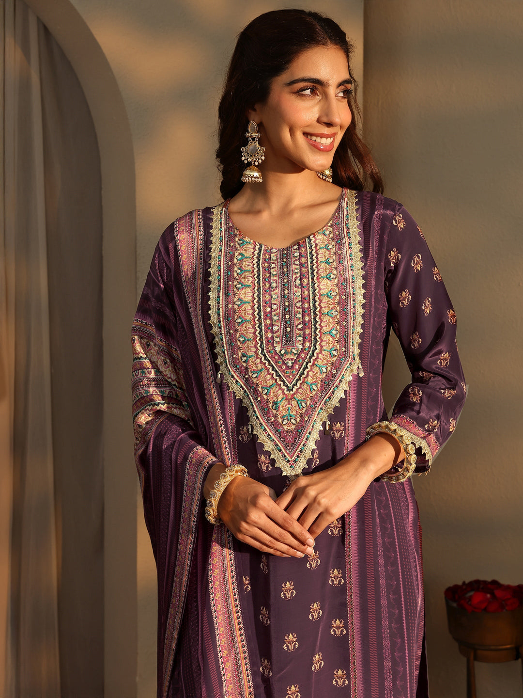 Burgundy Ethnic Motifs Printed Silk Crepe Straight Suit Set With Dupatta