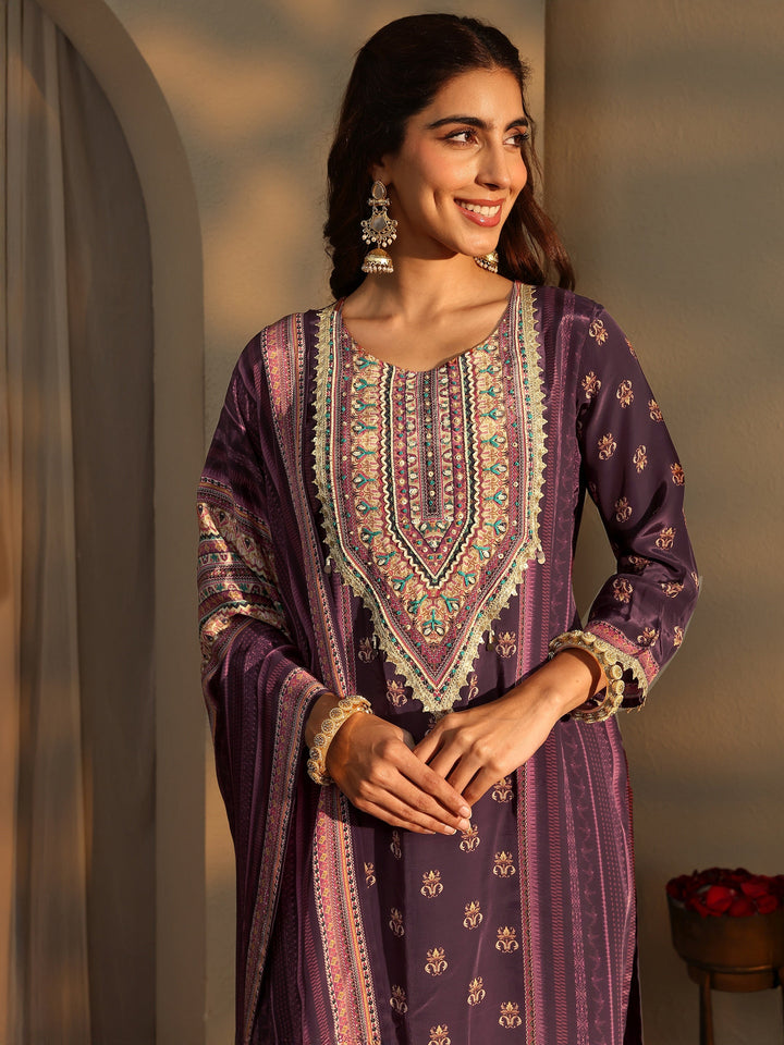 Burgundy Ethnic Motifs Printed Silk Crepe Straight Suit Set With Dupatta