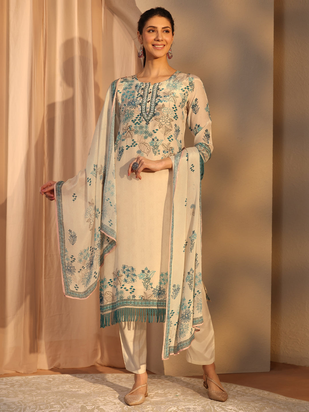 Off White Floral Printed Crepe Straight Suit Set With Dupatta