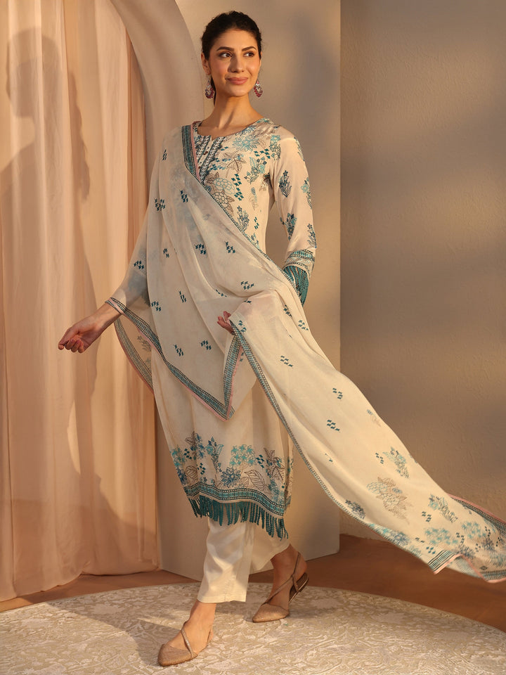 Off White Floral Printed Crepe Straight Suit Set With Dupatta