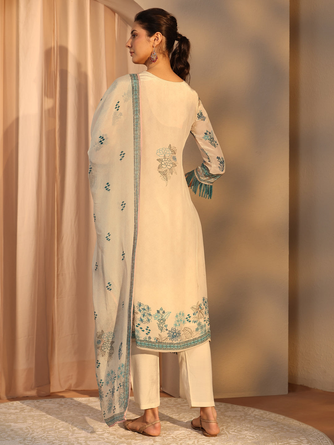 Off White Floral Printed Crepe Straight Suit Set With Dupatta