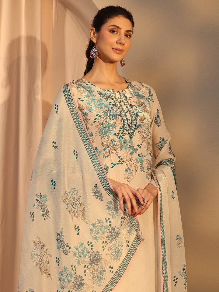 Off White Floral Printed Crepe Straight Suit Set With Dupatta