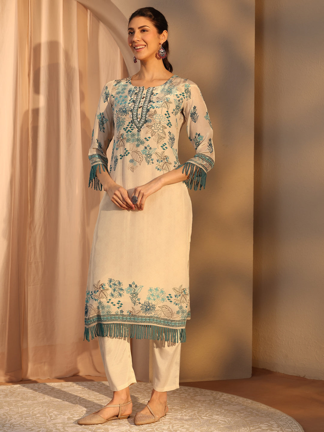 Off White Floral Printed Crepe Straight Suit Set With Dupatta