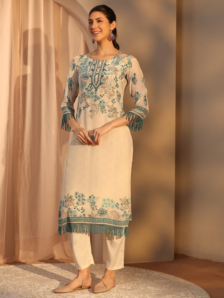 Off White Floral Printed Crepe Straight Suit Set With Dupatta