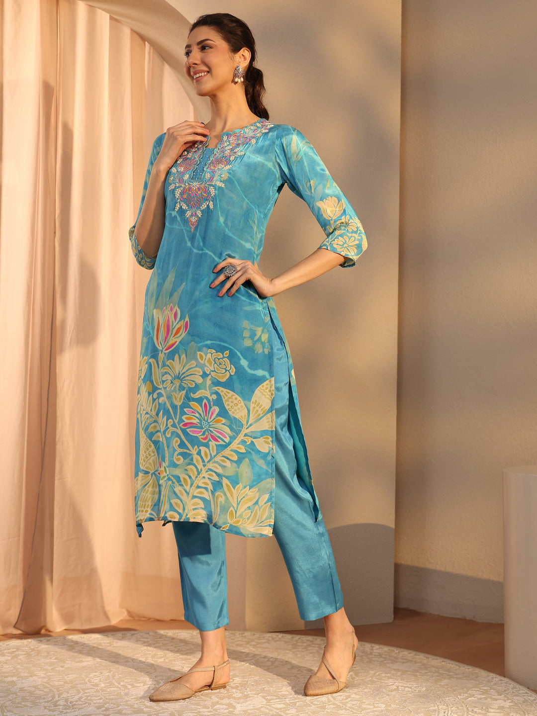 Blue Floral Printed Crepe Straight Suit Set With Dupatta