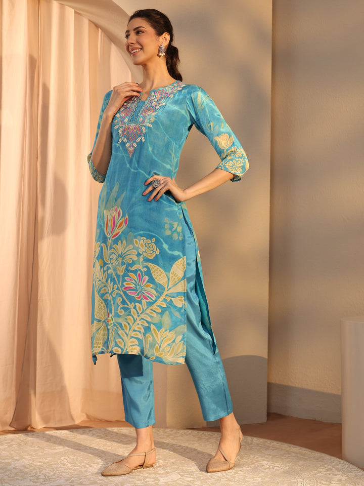 Blue Floral Printed Crepe Straight Suit Set With Dupatta