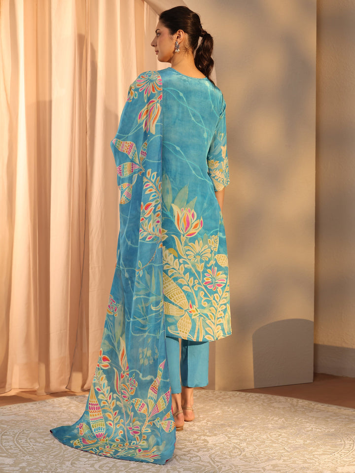 Blue Floral Printed Crepe Straight Suit Set With Dupatta