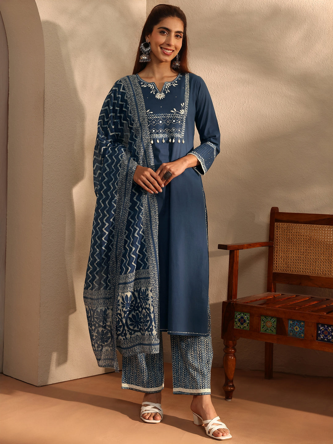 Blue Floral Yoke Design Cotton Blend Straight Suit Set With Dupatta