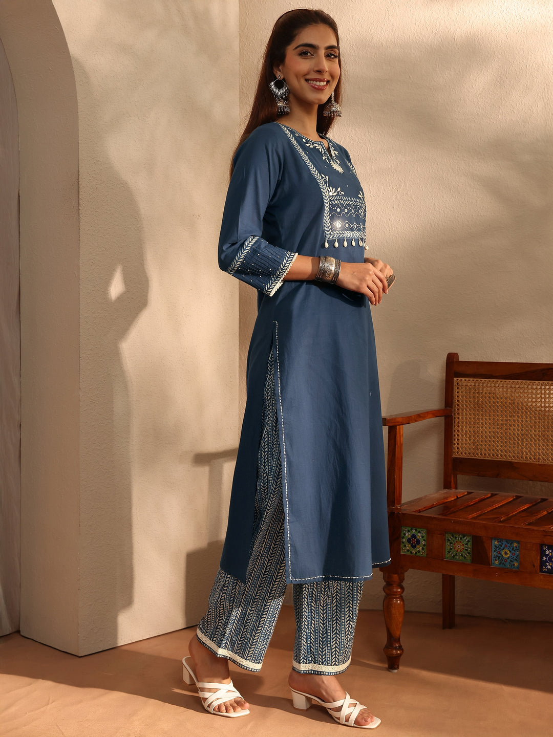 Blue Floral Yoke Design Cotton Blend Straight Suit Set With Dupatta