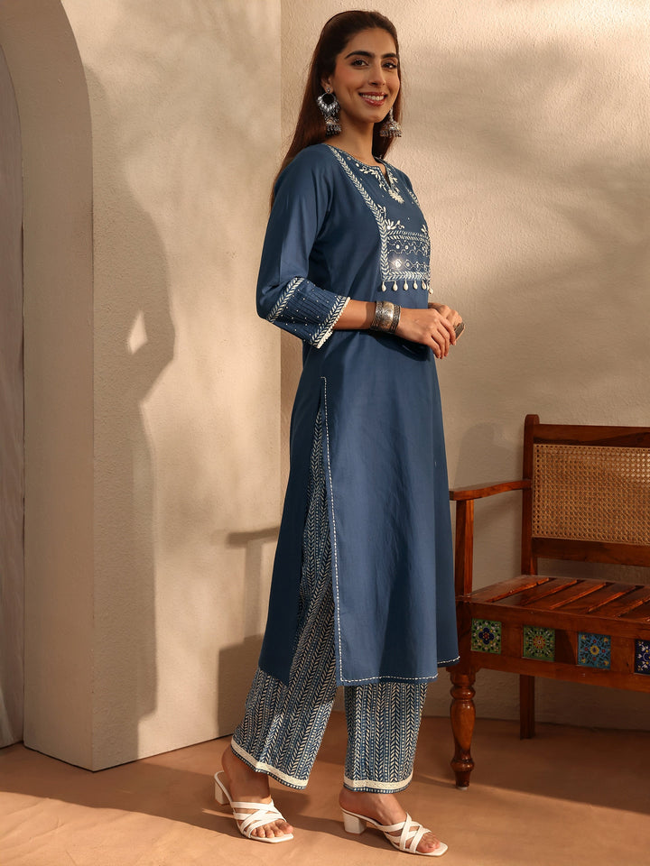 Blue Floral Yoke Design Cotton Blend Straight Suit Set With Dupatta