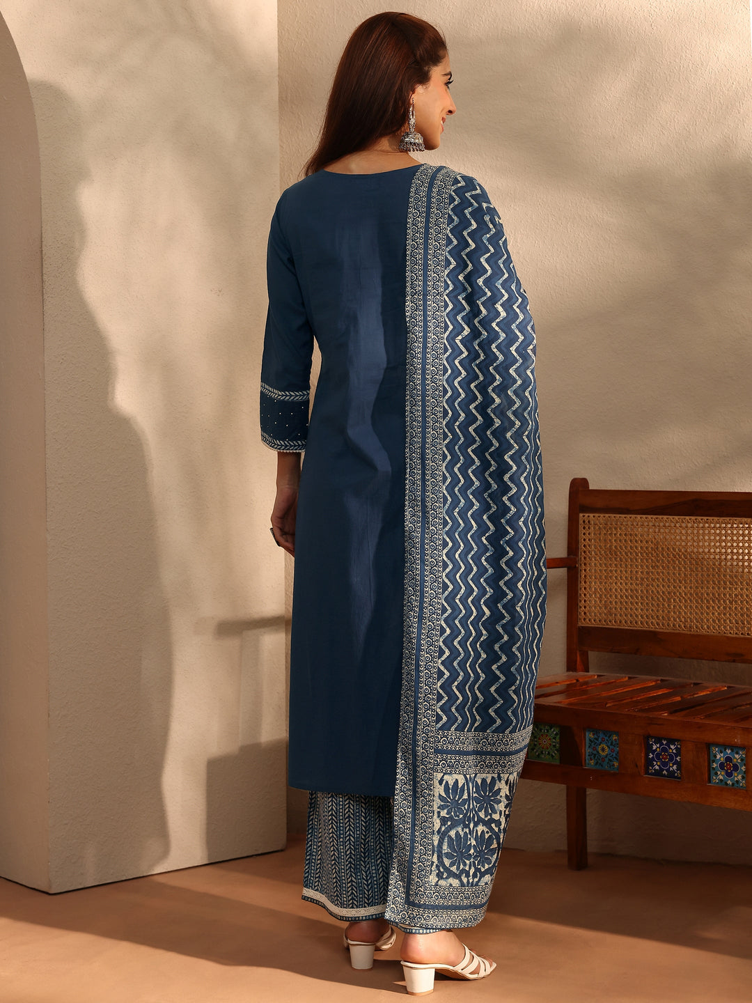 Blue Floral Yoke Design Cotton Blend Straight Suit Set With Dupatta