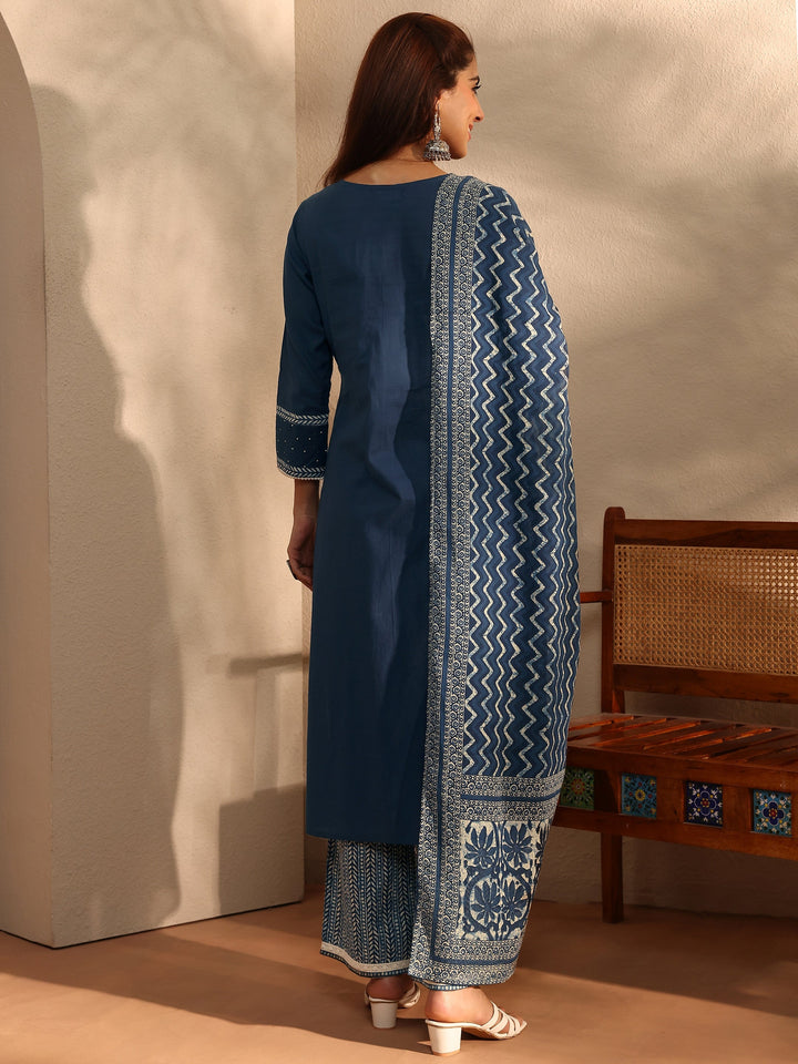 Blue Floral Yoke Design Cotton Blend Straight Suit Set With Dupatta