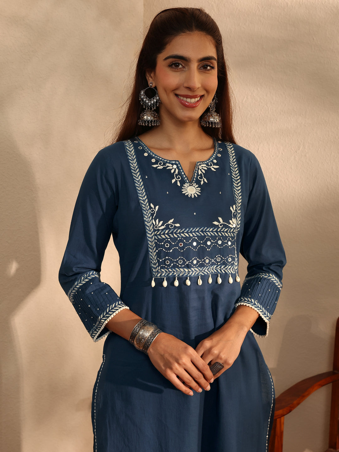 Blue Floral Yoke Design Cotton Blend Straight Suit Set With Dupatta