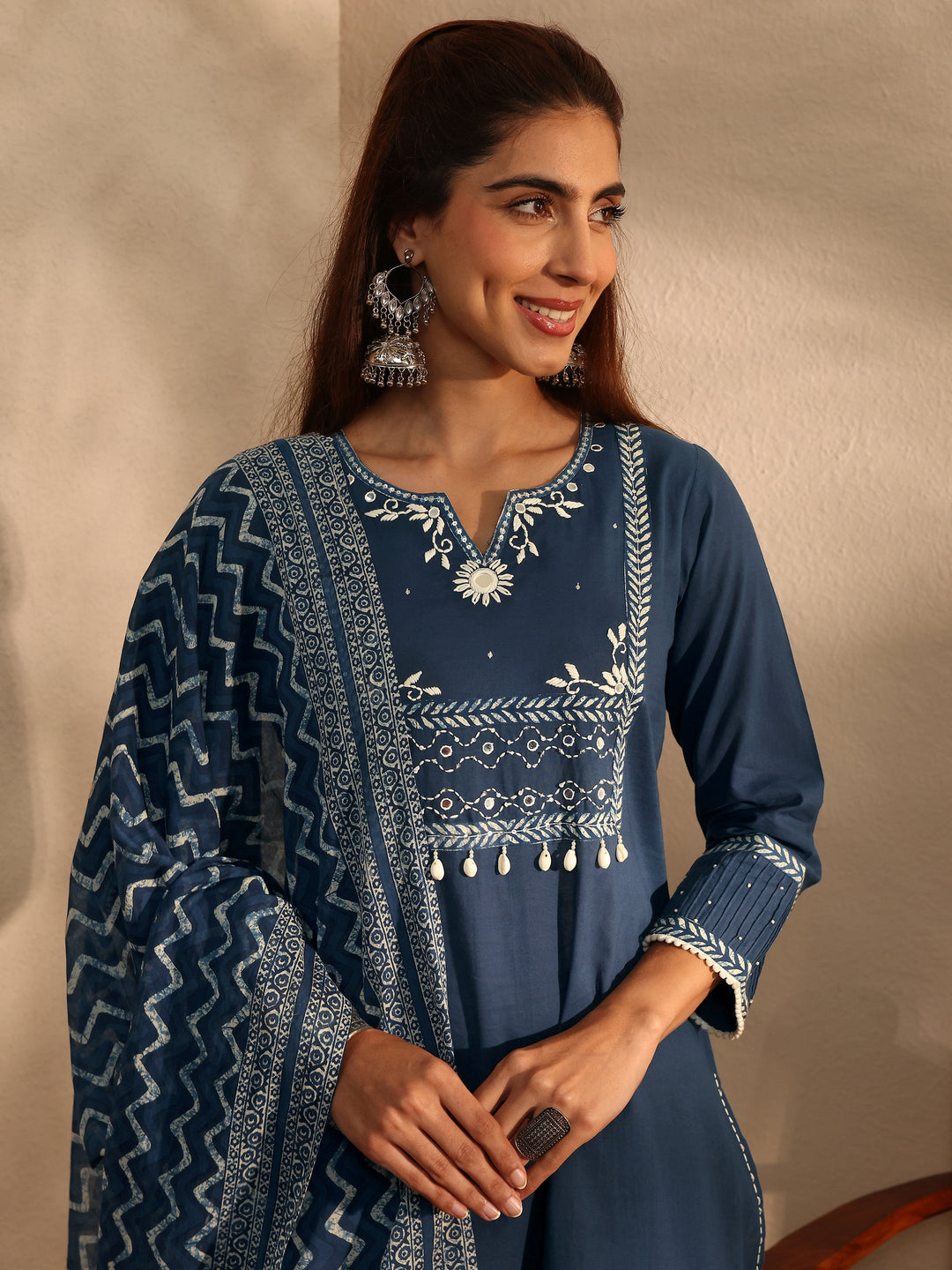 Blue Floral Yoke Design Cotton Blend Straight Suit Set With Dupatta