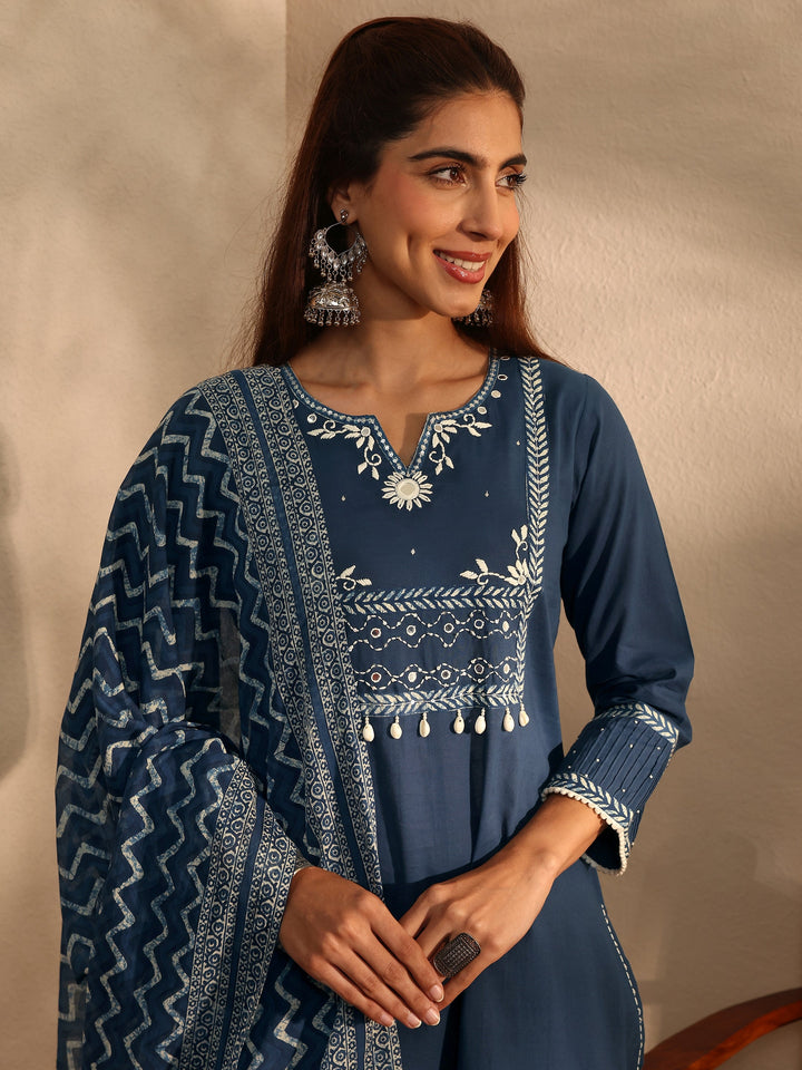 Blue Floral Yoke Design Cotton Blend Straight Suit Set With Dupatta