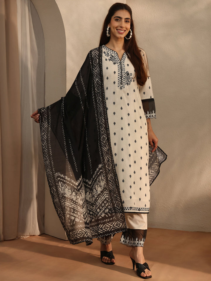Off White Floral Woven Design Cotton Blend Straight Suit Set With Dupatta