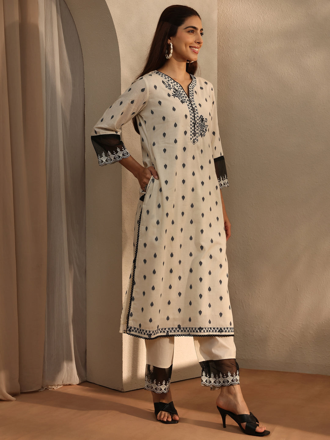 Off White Floral Woven Design Cotton Blend Straight Suit Set With Dupatta