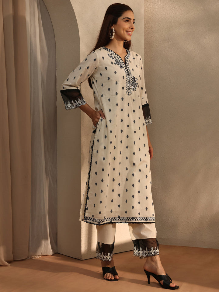 Off White Floral Woven Design Cotton Blend Straight Suit Set With Dupatta