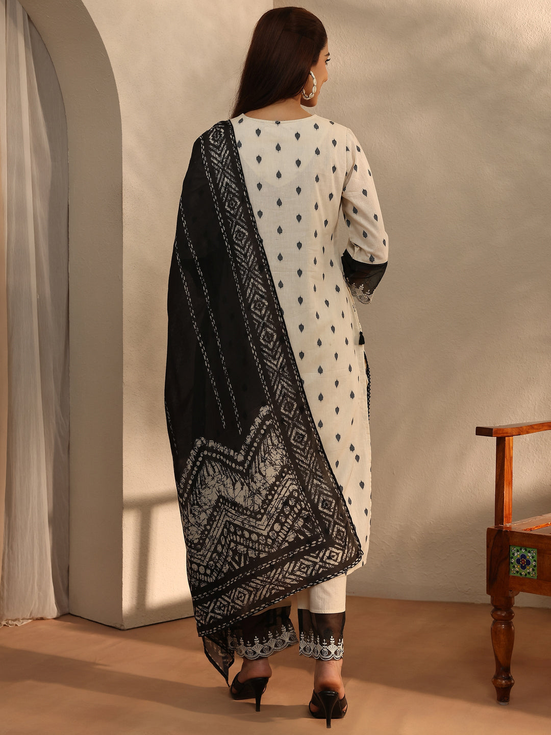 Off White Floral Woven Design Cotton Blend Straight Suit Set With Dupatta