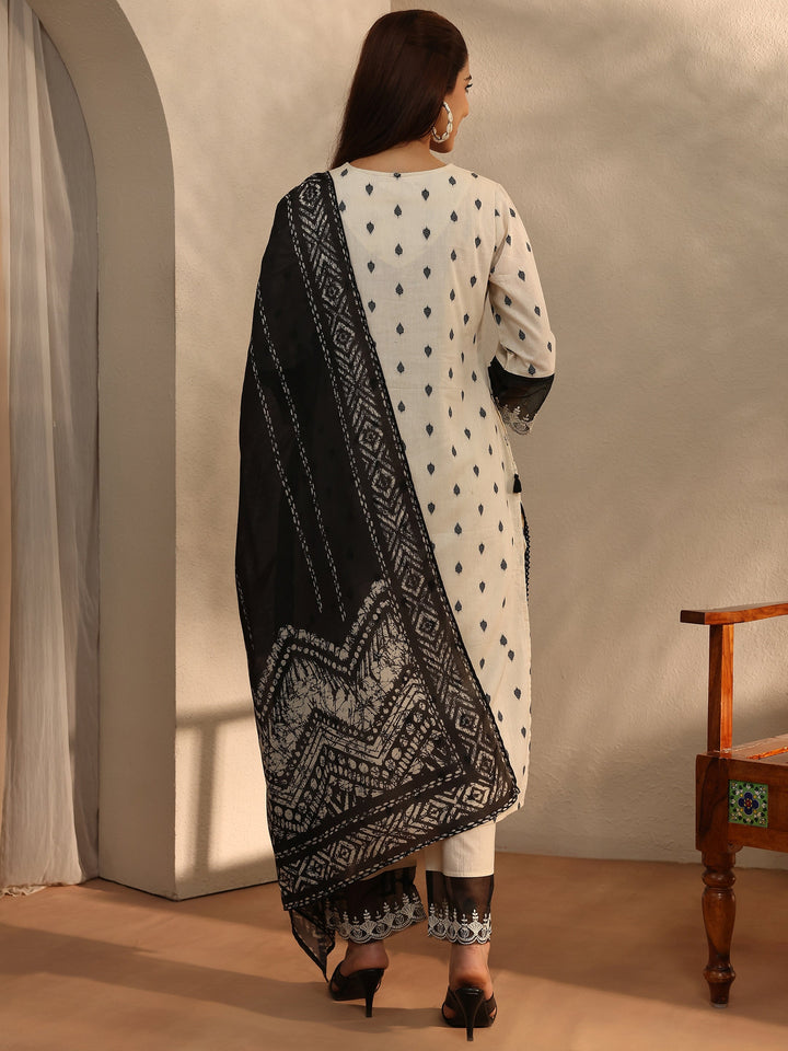 Off White Floral Woven Design Cotton Blend Straight Suit Set With Dupatta