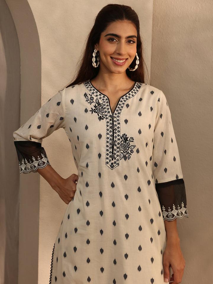 Off White Floral Woven Design Cotton Blend Straight Suit Set With Dupatta