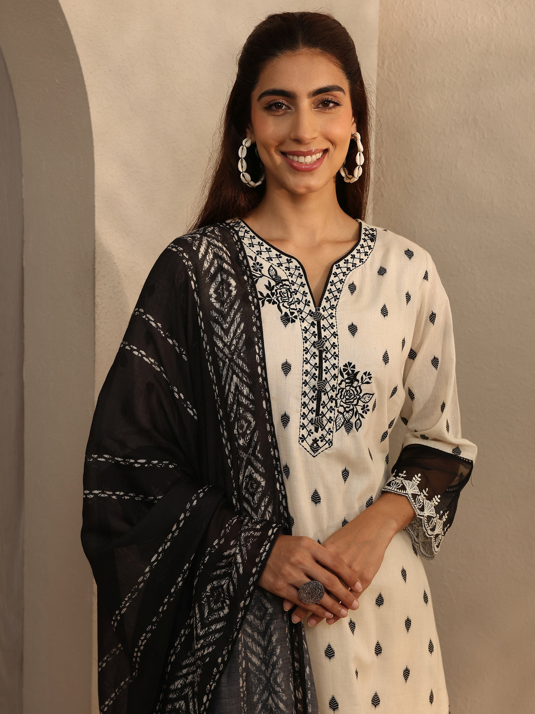 Off White Floral Woven Design Cotton Blend Straight Suit Set With Dupatta