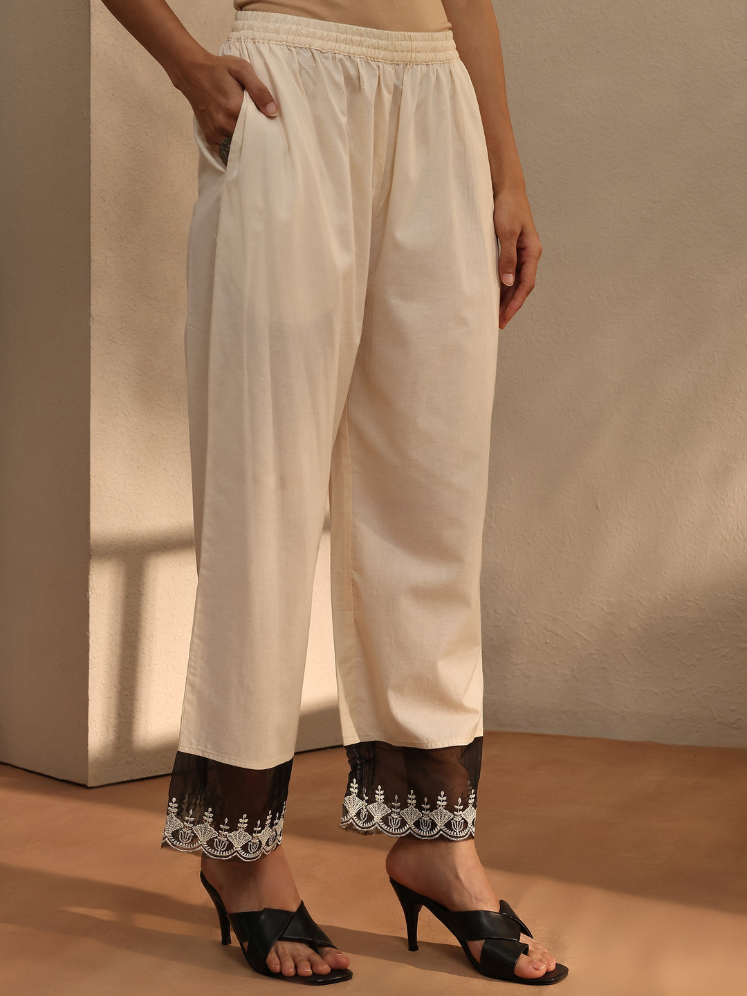 Off White Floral Woven Design Cotton Blend Straight Suit Set With Dupatta