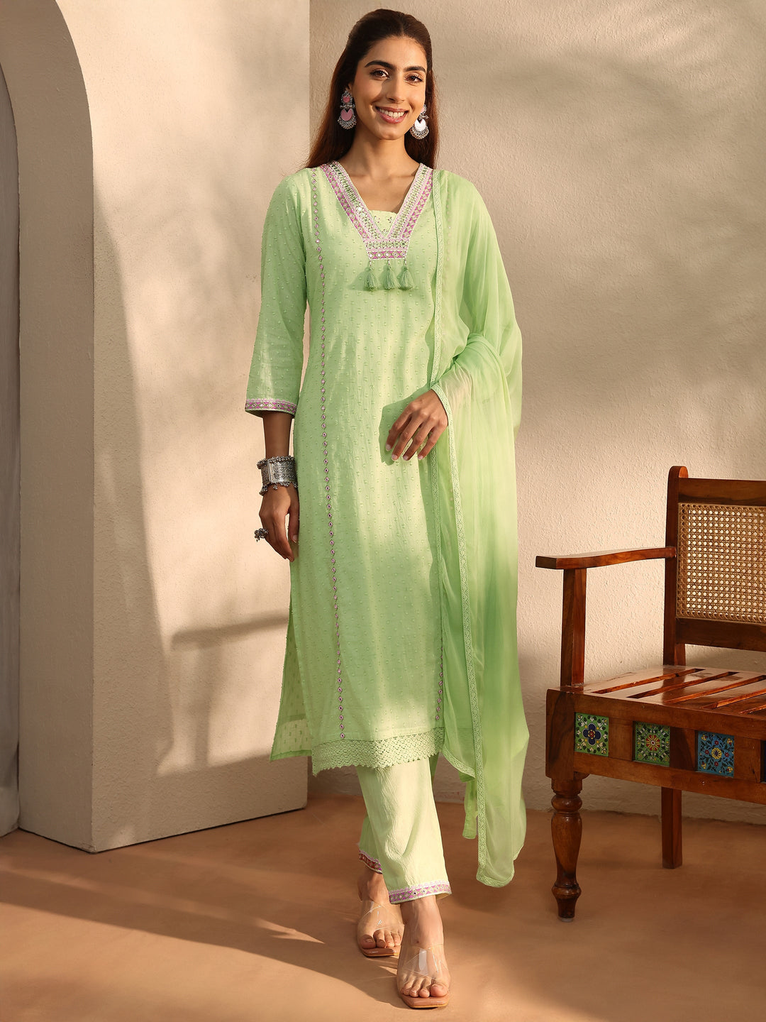 Green Self Design Cotton Blend Straight Kurta Set