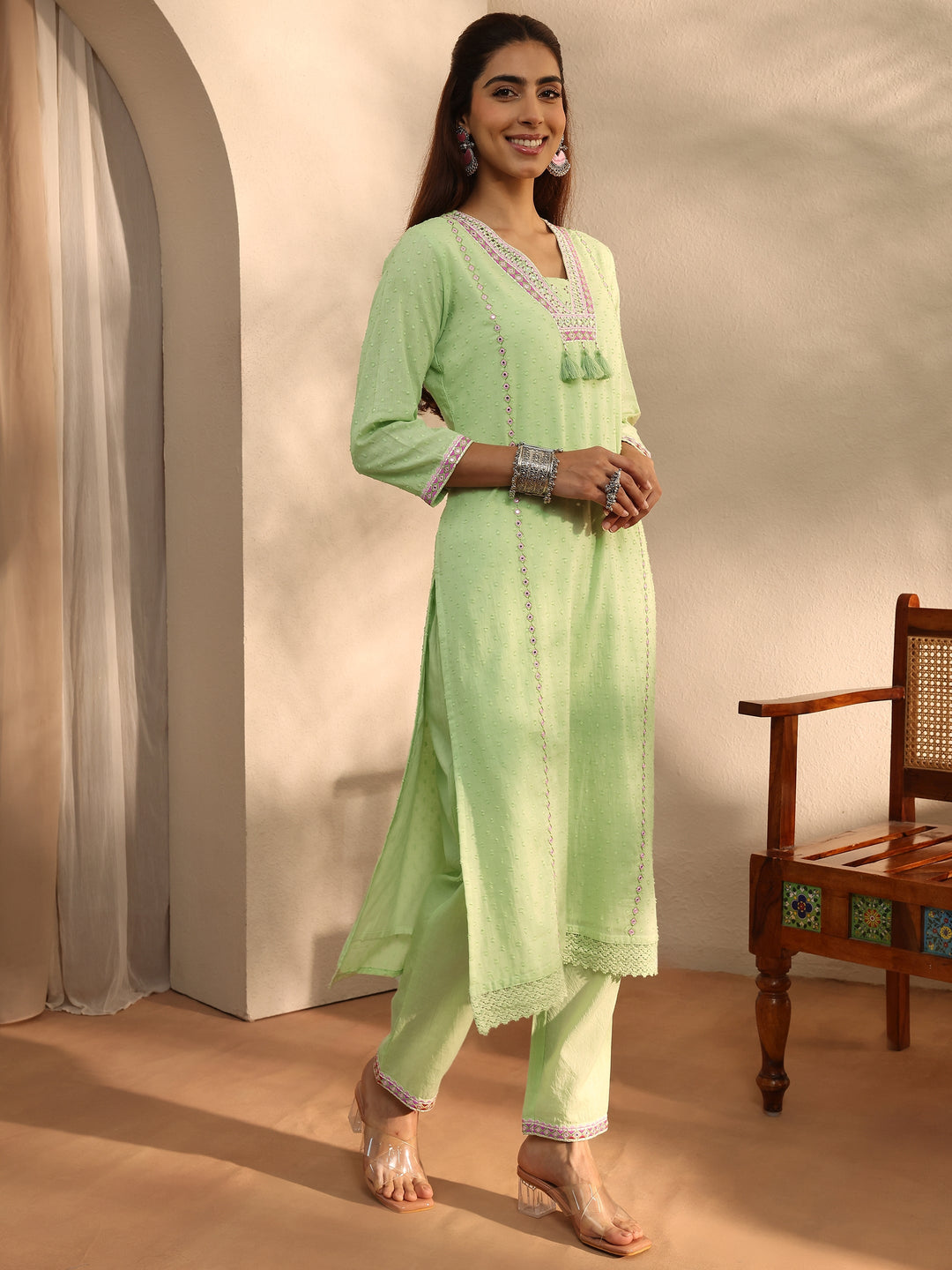 Green Self Design Cotton Blend Straight Kurta Set