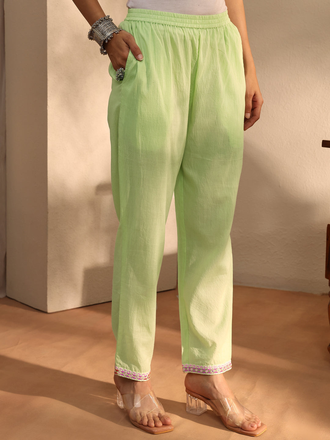 Green Self Design Cotton Blend Straight Kurta Set