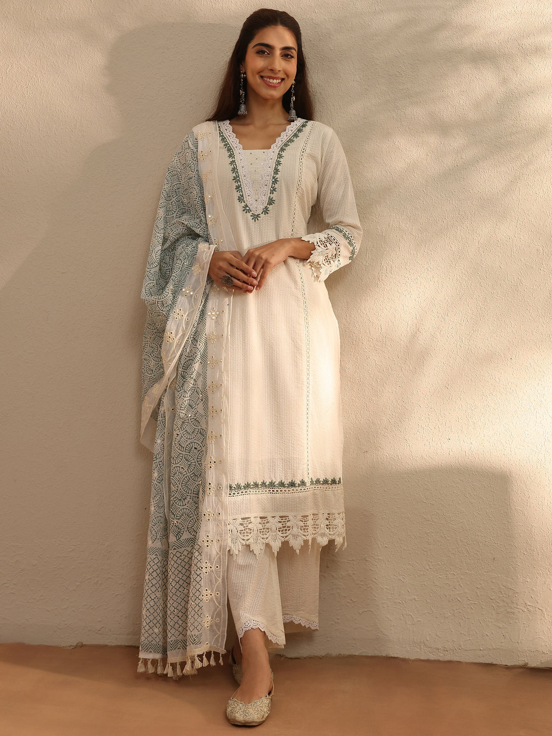 White Self Design Cotton Blend Straight Kurta Set