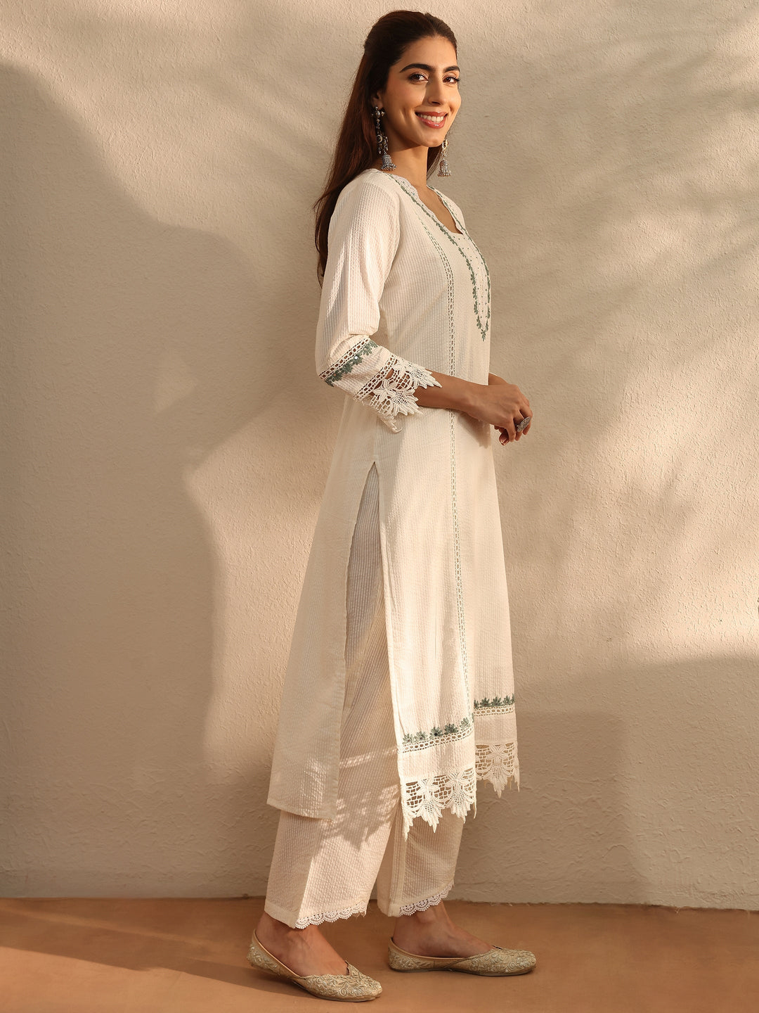 White Self Design Cotton Blend Straight Kurta Set