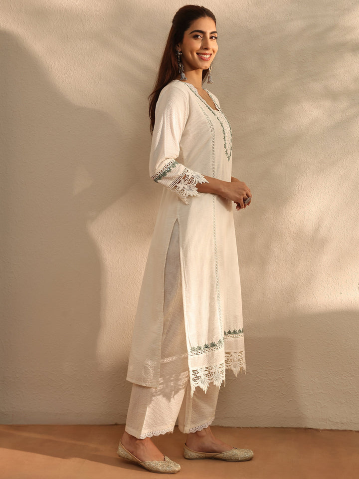 White Self Design Cotton Blend Straight Kurta Set